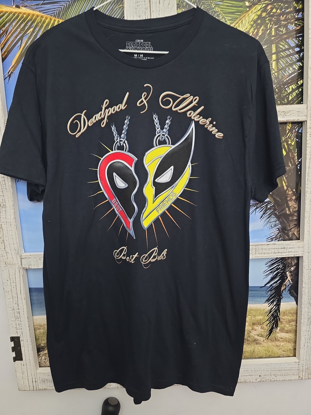 Marvel Black Short-Sleeve Tee with Red & Yellow Character Heart Pendants